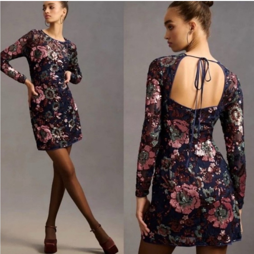 Anthropologie Floral Sequin Long Sleeve Mini Dress - Picture 2 of 16